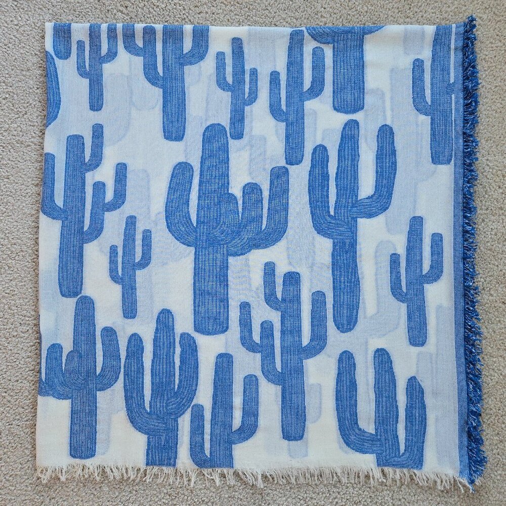 Anthropologie x Shingora Large Cotton Square Scarf Blue Saguaro Cactus